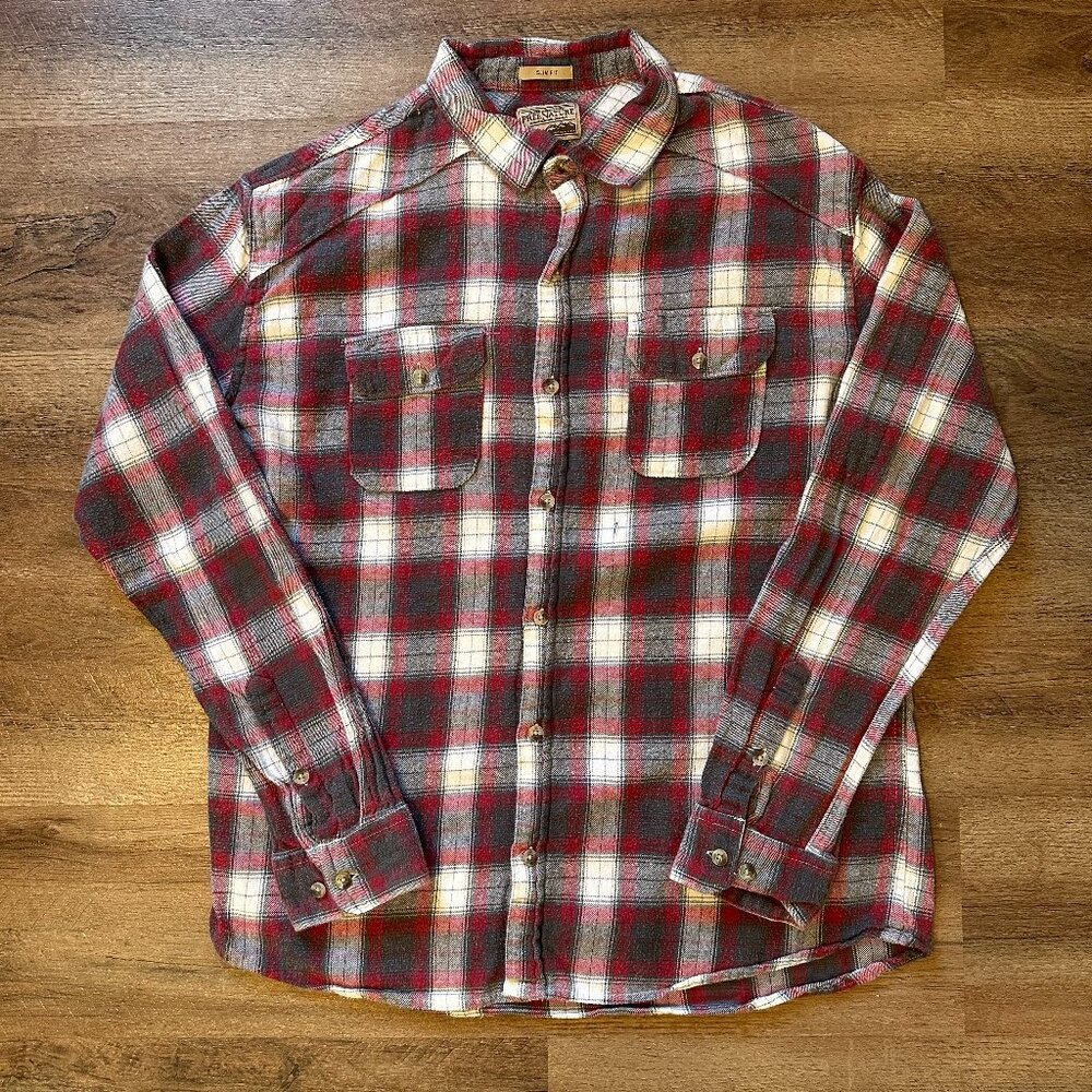 Free Nature Casual Button Down Mens Large Red Plaid Slim Fit Flannel Shirt